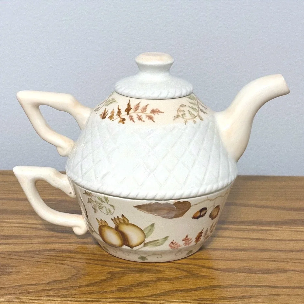 Tracy Porter Hand Painted Tea For One Set Stackable Teapot Cup Autumn Botanical‎